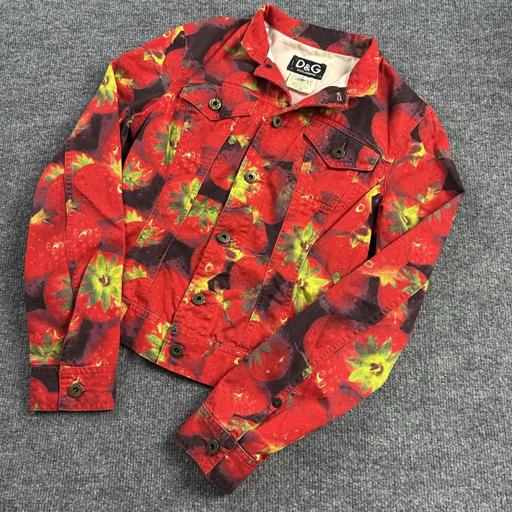 D&G Dolce & Gabbana Jacket Womens Small Red Strawberry Print Denim Italy